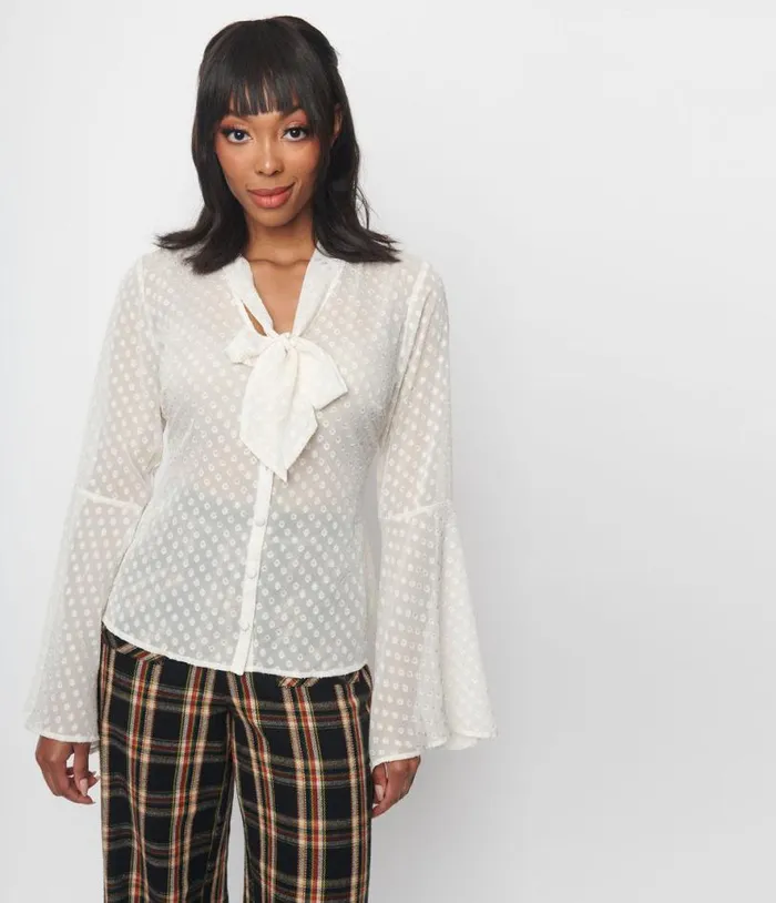 Smak Parlour Ivory Diamond Clip Dot Bow Blouse ClothingPlus Unique Vintage Blouses