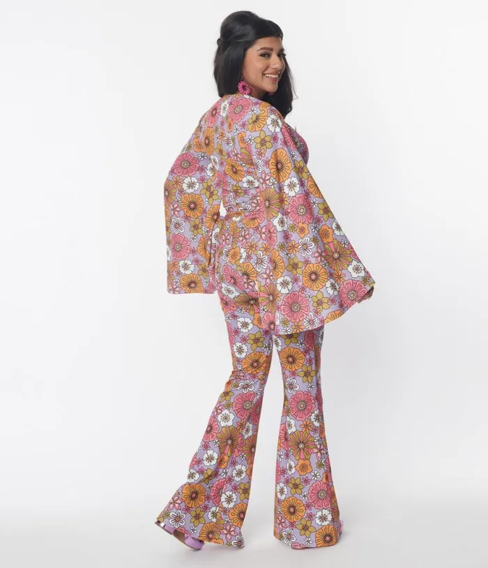 Smak Parlour Lavender Retro Bloom Zipper Pocket Flare Pants Clothing Unique Vintage Pants