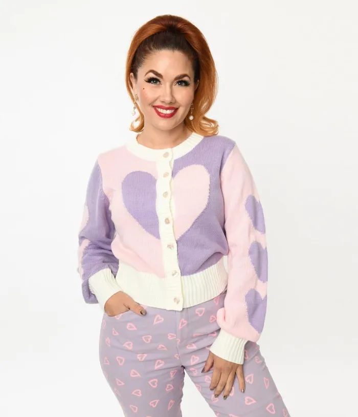 Smak Parlour Pink and Lavender Hearts Cardigan Clothing Unique Vintage Sweaters and Cardigans