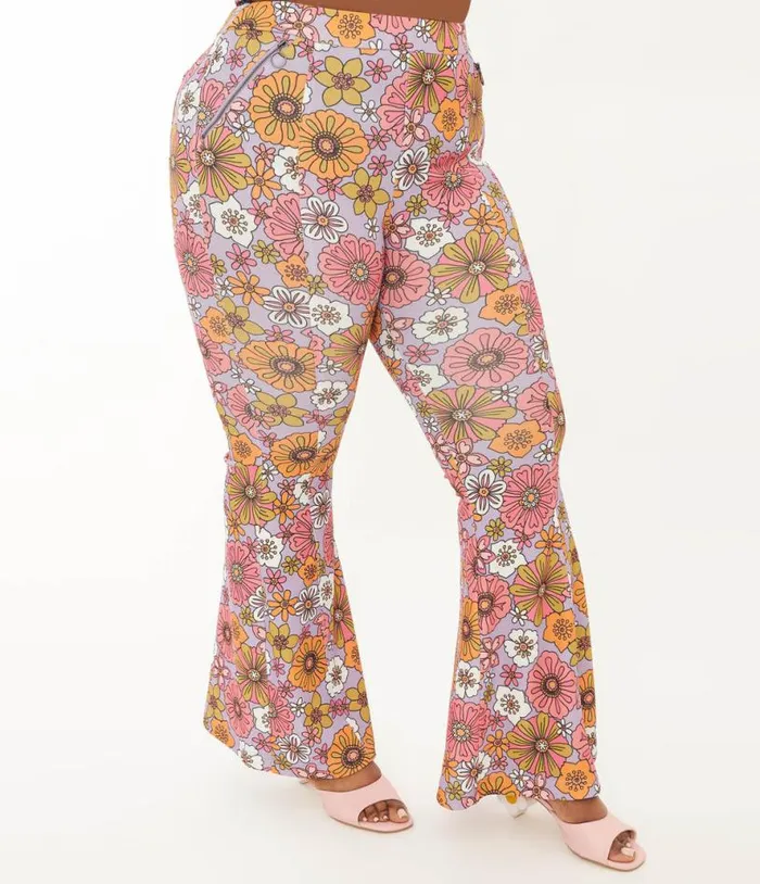 Smak Parlour Plus Lavender Retro Bloom Zipper Pocket Flare Pants ClothingPlus Unique Vintage Pants