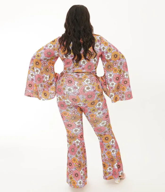 Smak Parlour Plus Lavender Retro Bloom Zipper Pocket Flare Pants ClothingPlus Unique Vintage Pants
