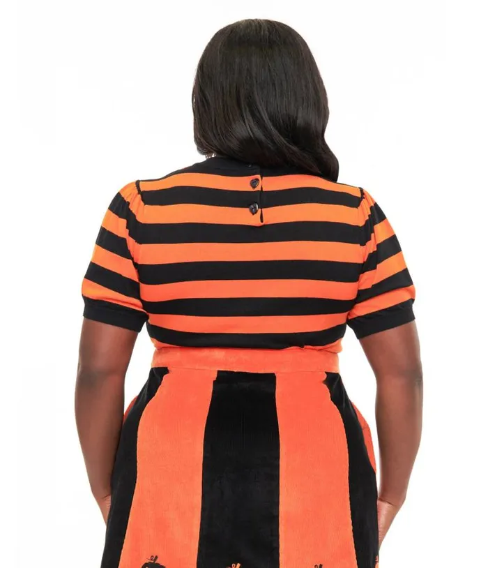 Smak Parlour Plus Size 1950s Black and Orange Stripe Heart Sweater Halloween Unique Vintage Tops