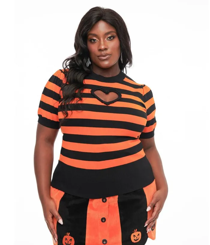 Smak Parlour Plus Size 1950s Black and Orange Stripe Heart Sweater Halloween Unique Vintage Tops
