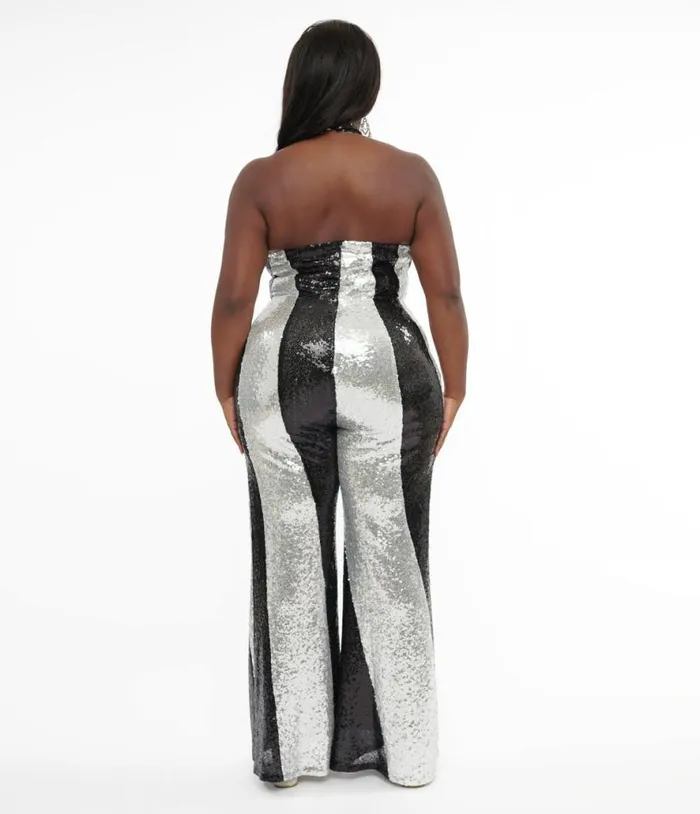 Smak Parlour Plus Size 1960s Black and Silver Sequin Halter Top Jumpsuit ClothingPlus Unique Vintage Rompers and Jumpsuits