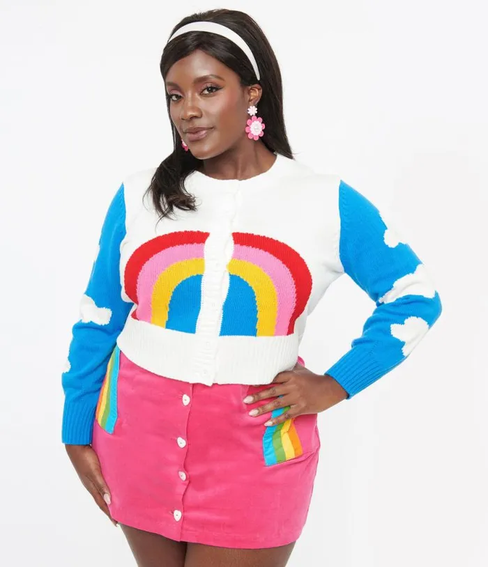Smak Parlour Plus Size 1960s Blue and Rainbow Clouds Cardigan ClothingPlus Unique Vintage Sweaters and Cardigans Smak Parlour Plus Size 1960s Blue and Rainbow Clouds Cardigan ClothingPlus Unique Vintage Sweaters and Cardigans