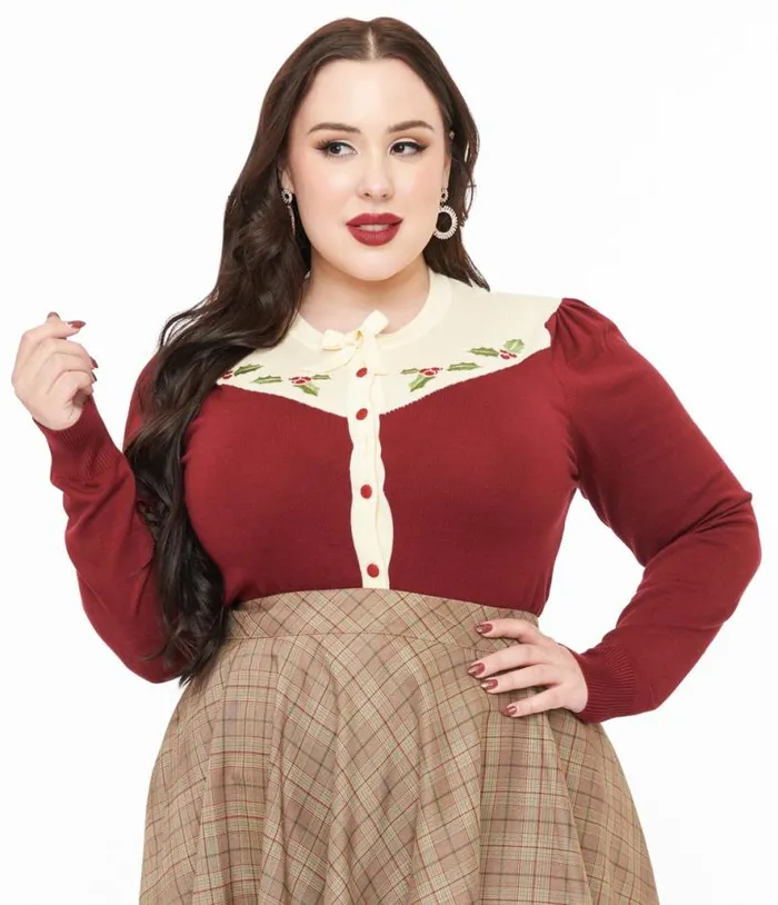 Smak Parlour Plus Size 1960s Burgundy and Ivory Mistletoe Cardigan Clothing Unique Vintage Sweaters and Cardigans Smak Parlour Plus Size 1960s Burgundy and Ivory Mistletoe Cardigan Clothing Unique Vintage Sweaters and Cardigans
