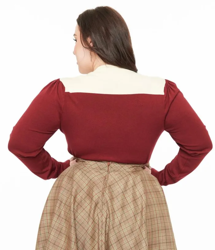 Smak Parlour Plus Size 1960s Burgundy and Ivory Mistletoe Cardigan Clothing Unique Vintage Sweaters and Cardigans