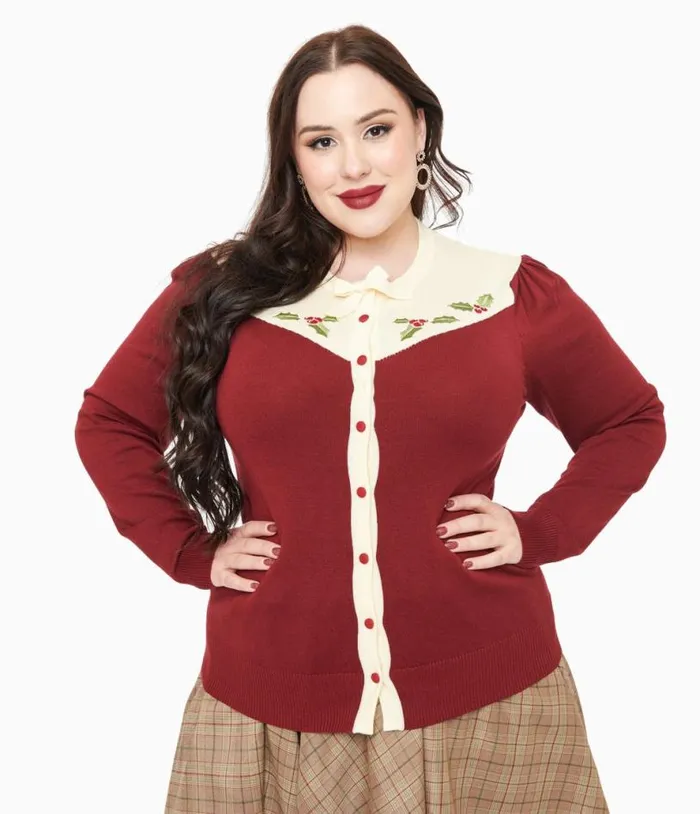 Smak Parlour Plus Size 1960s Burgundy and Ivory Mistletoe Cardigan Clothing Unique Vintage Sweaters and Cardigans