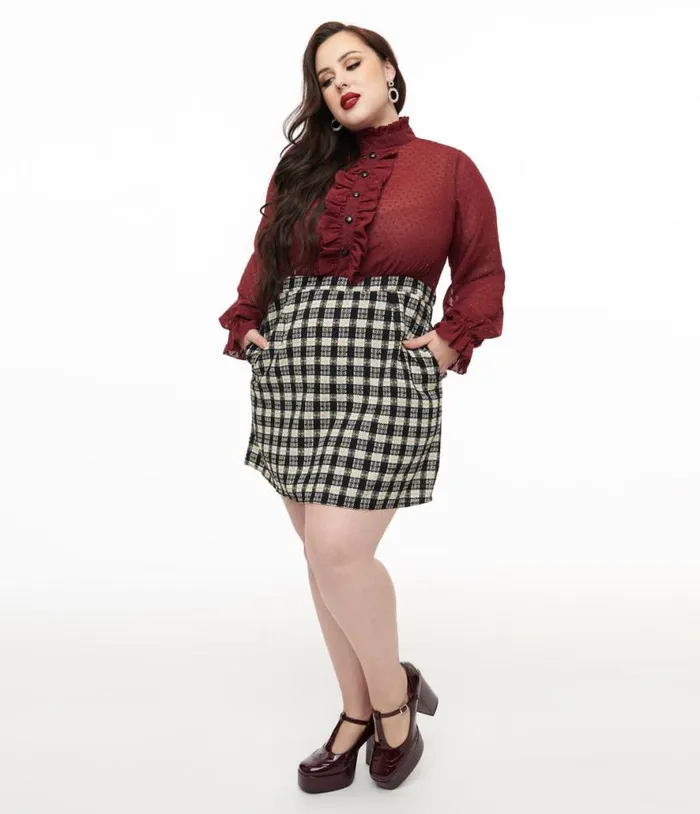 Smak Parlour Plus Size 1960s Burgundy and Plaid Ruffle Neck Empire ALine Dress Dresses Unique Vintage Pocket Dresses Smak Parlour Plus Size 1960s Burgundy and Plaid Ruffle Neck Empire ALine Dress Dresses Unique Vintage Pocket Dresses