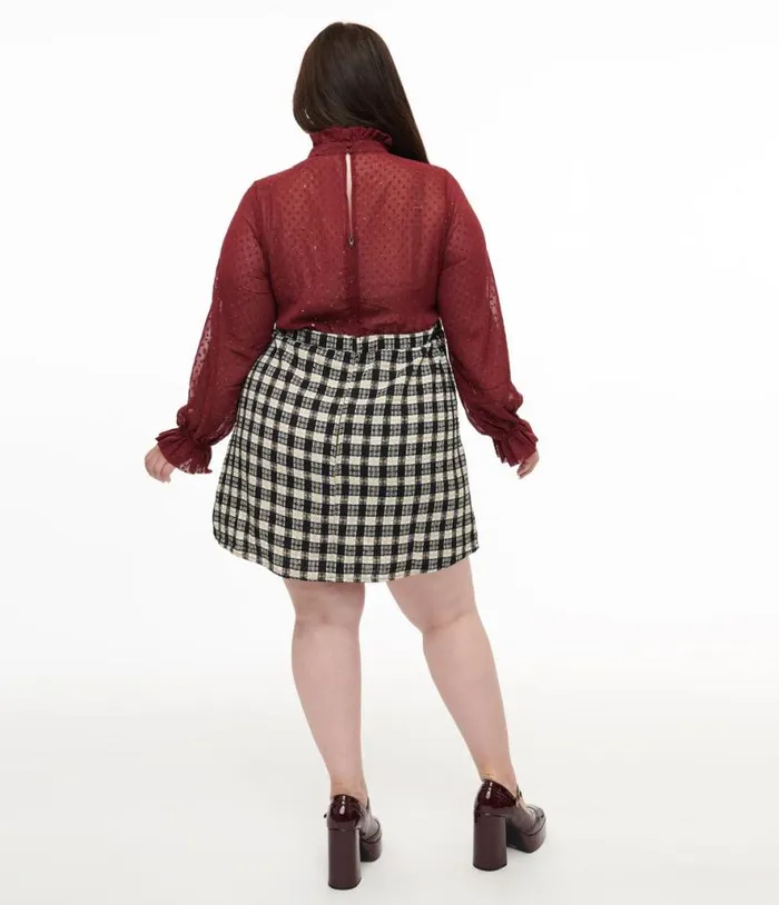 Smak Parlour Plus Size 1960s Burgundy and Plaid Ruffle Neck Empire ALine Dress Dresses Unique Vintage Pocket Dresses