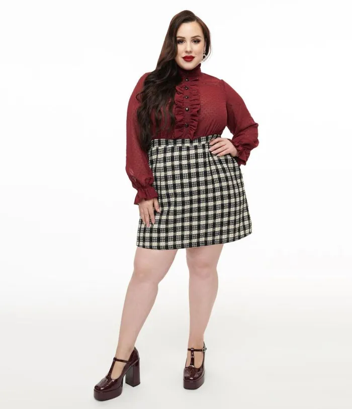 Smak Parlour Plus Size 1960s Burgundy and Plaid Ruffle Neck Empire ALine Dress Dresses Unique Vintage Pocket Dresses