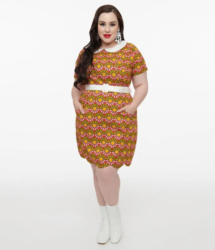 Smak Parlour Plus Size 1960s Green and Pink Flower Power Mini Dress Dresses Unique Vintage Pocket Dresses