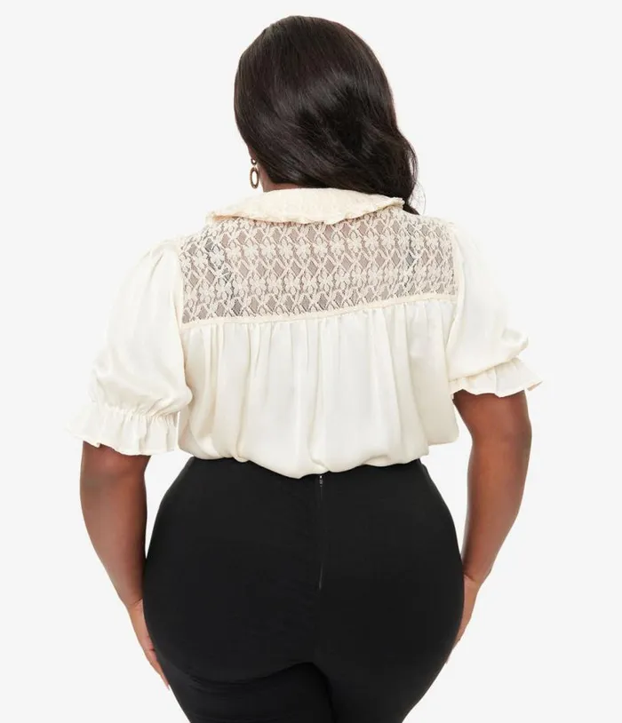 Smak Parlour Plus Size 1960s Ivory Lace Puff Sleeve Blouse ClothingPlus Unique Vintage Blouses