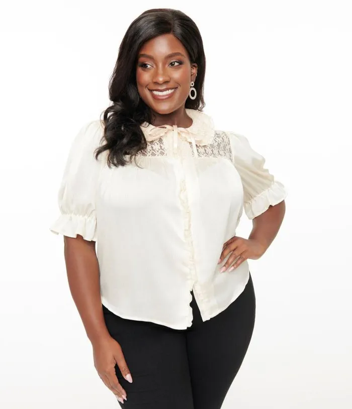 Smak Parlour Plus Size 1960s Ivory Lace Puff Sleeve Blouse ClothingPlus Unique Vintage Blouses