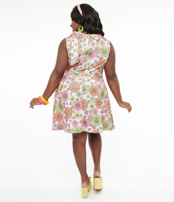 Smak Parlour Plus Size 1960s Pink Retro Bloom Mock Turtleneck Fit and Flare Dress DressesPlus Unique Vintage Fit and Flare