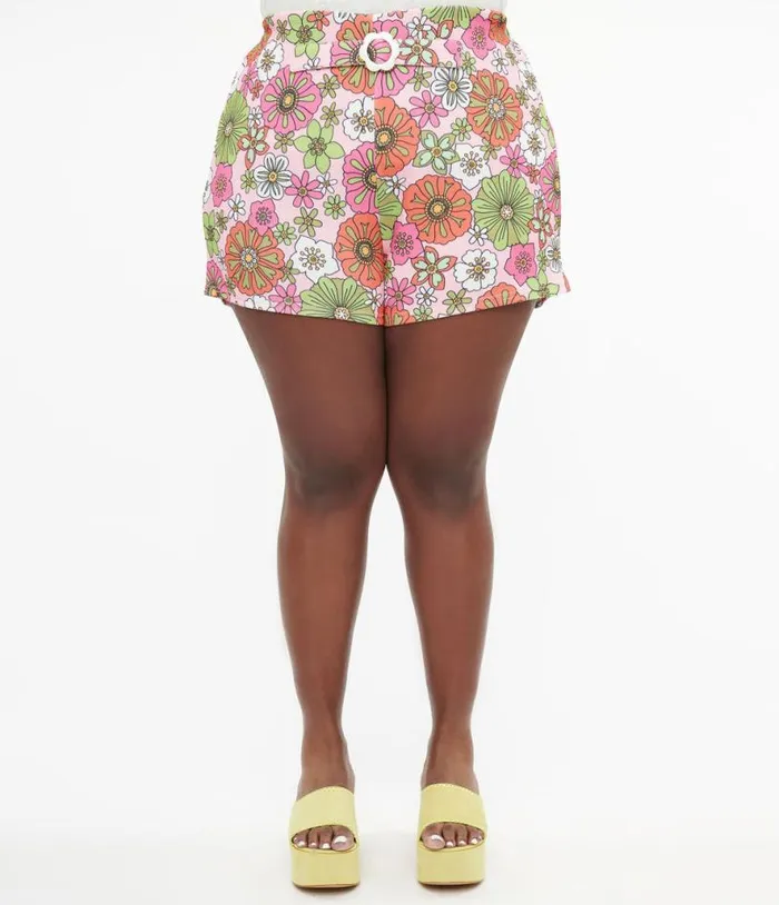 Smak Parlour Plus Size 1960s Pink Retro Bloom Shorts ClothingPlus Unique Vintage Shorts