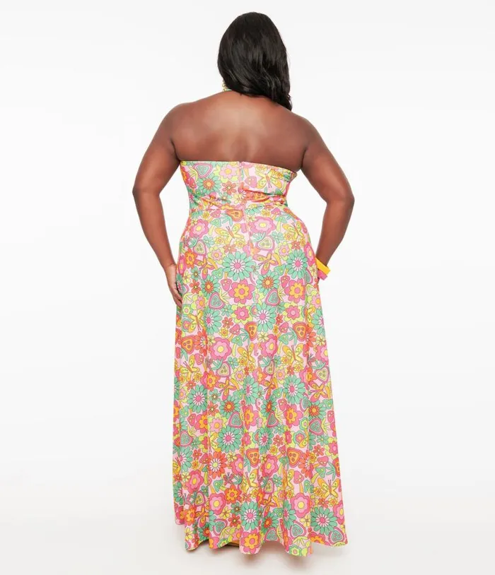 Smak Parlour Plus Size 1960s Pink Strawberry Fields Halter Maxi Dress DressesPlus Unique Vintage Midi and Maxi