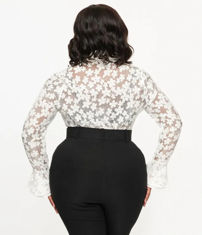 Smak Parlour Plus Size 1960s White Daisy Ruffle Blouse ClothingPlus Unique Vintage Blouses