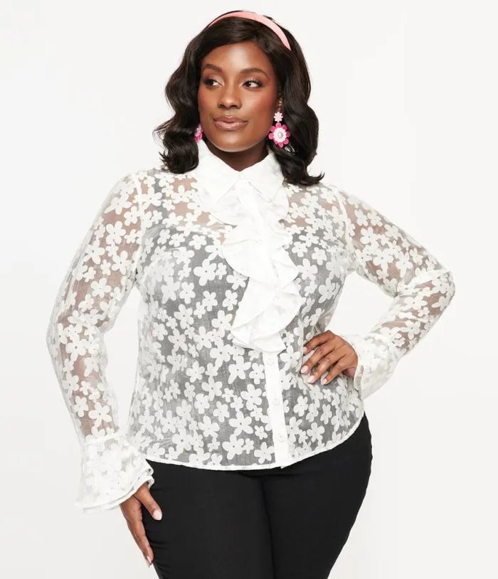Smak Parlour Plus Size 1960s White Daisy Ruffle Blouse ClothingPlus Unique Vintage Blouses
