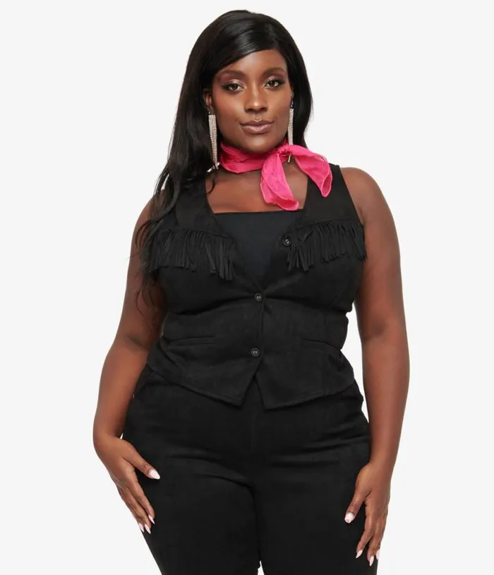 Smak Parlour Plus Size 1970s Black Suede Fringe Vest ClothingPlus Unique Vintage Blouses