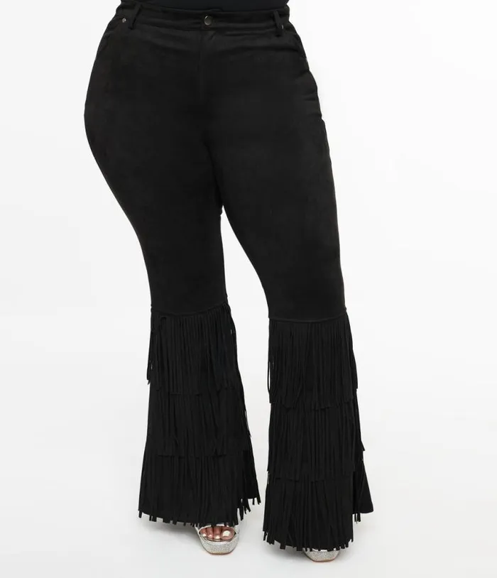 Smak Parlour Plus Size 1970s Black Suede Tassel Flare Pants ClothingPlus Unique Vintage Pants