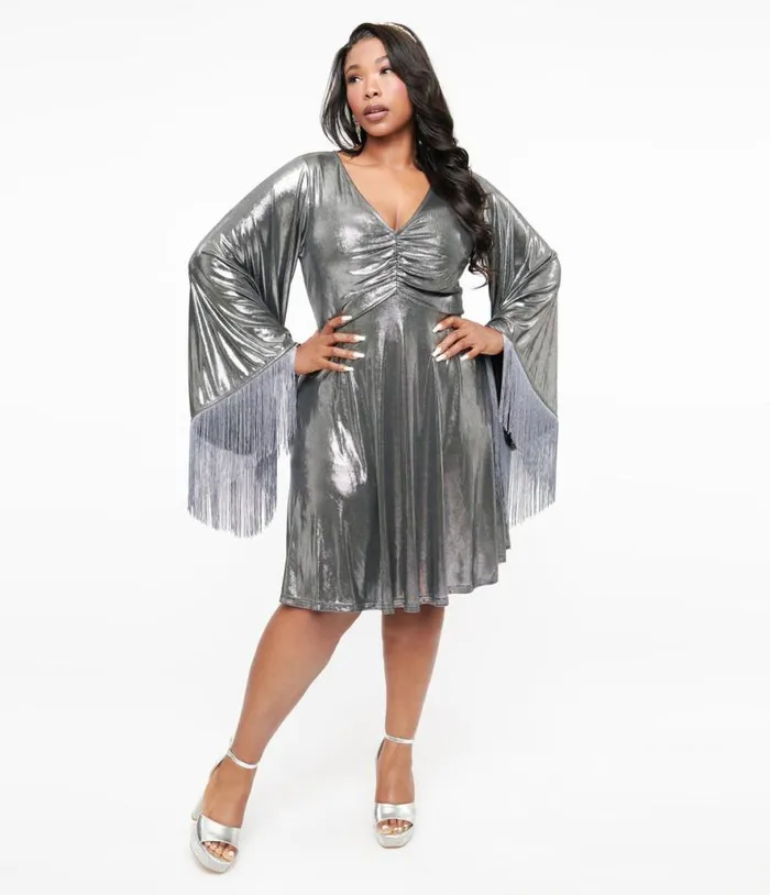 Smak Parlour Plus Size 1970s Silver Metallic Fringe Fit and Flare Dress DressesPlus Unique Vintage Fit and Flare Smak Parlour Plus Size 1970s Silver Metallic Fringe Fit and Flare Dress DressesPlus Unique Vintage Fit and Flare
