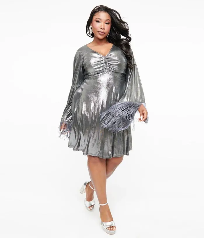 Smak Parlour Plus Size 1970s Silver Metallic Fringe Fit and Flare Dress DressesPlus Unique Vintage Fit and Flare