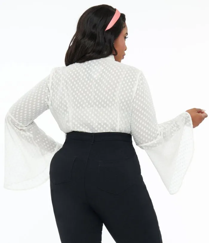 Smak Parlour Plus Size Ivory Diamond Clip Dot Bow Blouse ClothingPlus Unique Vintage Blouses