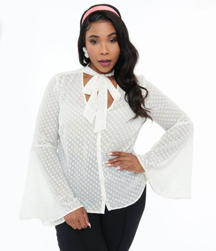 Smak Parlour Plus Size Ivory Diamond Clip Dot Bow Blouse ClothingPlus Unique Vintage Blouses