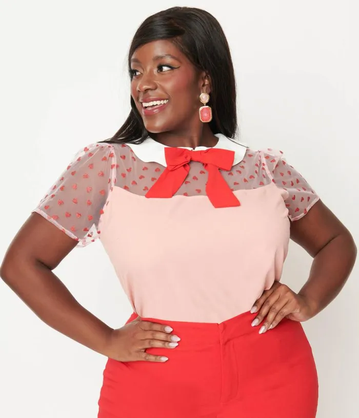 Smak Parlour Plus Size Pink and Red Hearts Collared Bow Blouse ClothingPlus Unique Vintage Blouses Smak Parlour Plus Size Pink and Red Hearts Collared Bow Blouse ClothingPlus Unique Vintage Blouses