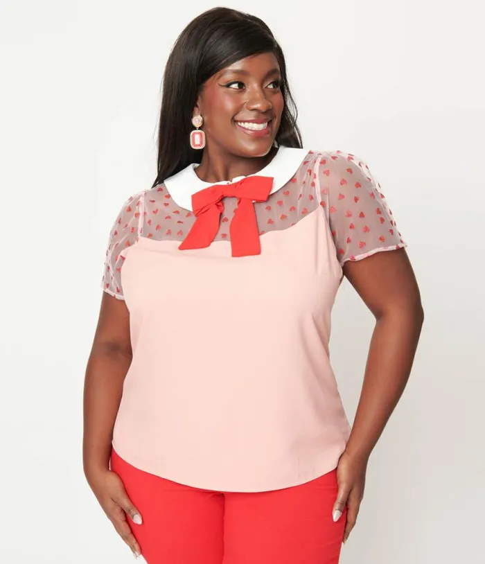 Smak Parlour Plus Size Pink and Red Hearts Collared Bow Blouse ClothingPlus Unique Vintage Blouses