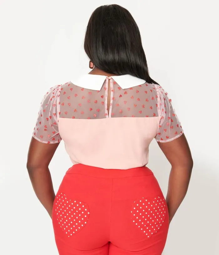 Smak Parlour Plus Size Pink and Red Hearts Collared Bow Blouse ClothingPlus Unique Vintage Blouses