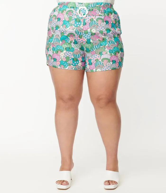 Smak Parlour Plus Size Teal Groovy Mushrooms Shorts ClothingPlus Unique Vintage Shorts