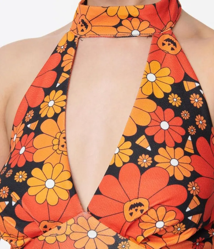 Smak Parlour Pumpkin Mod Floral Glamour Goddess Jumpsuit ClothingHalloweenPlus Unique Vintage Dresses
