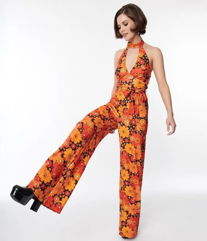 Smak Parlour Pumpkin Mod Floral Glamour Goddess Jumpsuit ClothingHalloweenPlus Unique Vintage Dresses