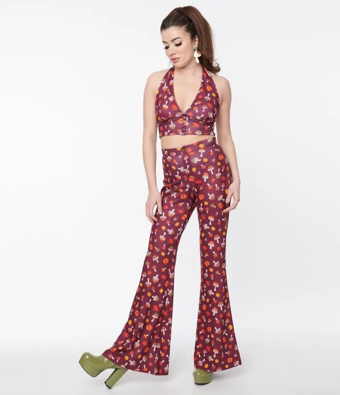 Smak Parlour Purple 1970s Pumpkin and Mushrooms Find Your Flare Pants ClothingHalloweenPlus Unique Vintage Bottoms Smak Parlour Purple 1970s Pumpkin and Mushrooms Find Your Flare Pants ClothingHalloweenPlus Unique Vintage Bottoms