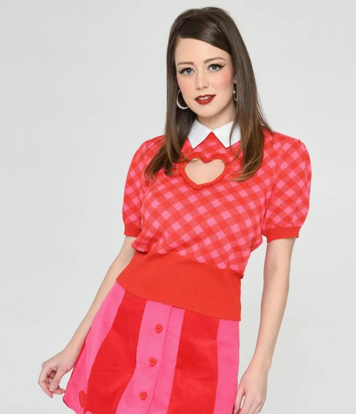 Smak Parlour Red and Pink Bias Gingham Heart Sweater Clothing Unique Vintage Sweaters and Cardigans Smak Parlour Red and Pink Bias Gingham Heart Sweater Clothing Unique Vintage Sweaters and Cardigans