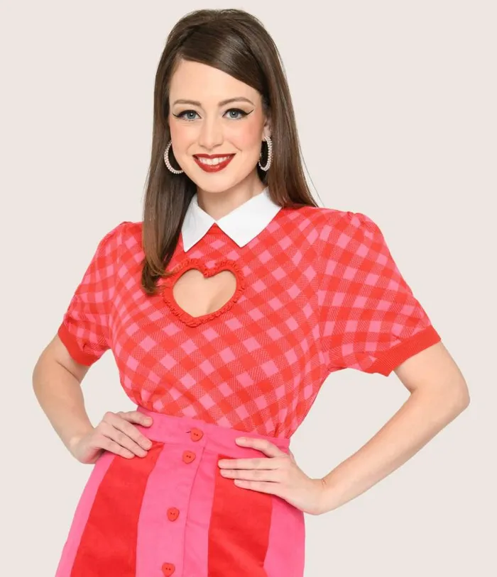 Smak Parlour Red and Pink Bias Gingham Heart Sweater Clothing Unique Vintage Sweaters and Cardigans