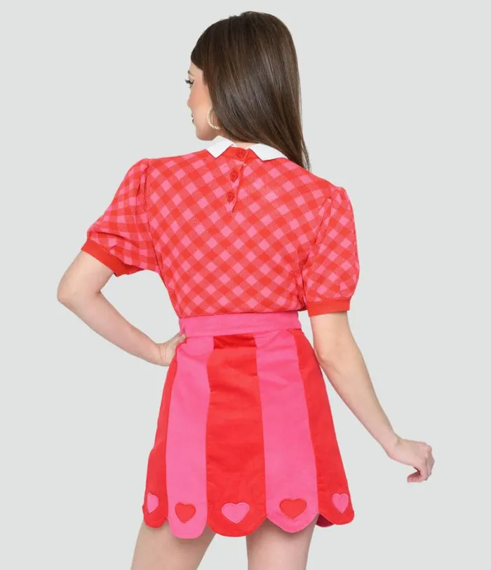Smak Parlour Red and Pink Bias Gingham Heart Sweater Clothing Unique Vintage Sweaters and Cardigans