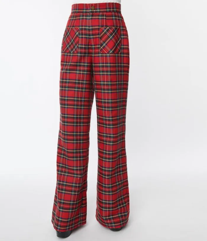 Smak Parlour Red Plaid Wide Leg Trousers ClothingPlus Unique Vintage Pants