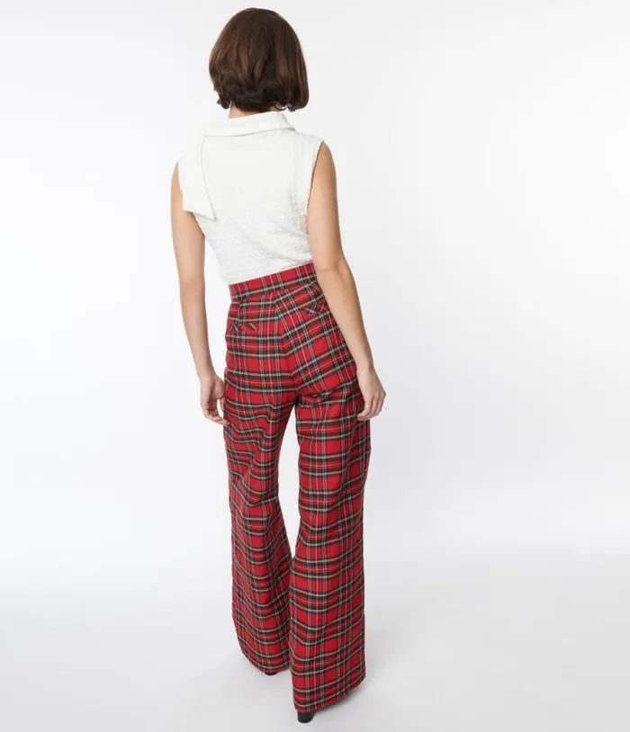 Smak Parlour Red Plaid Wide Leg Trousers ClothingPlus Unique Vintage Pants