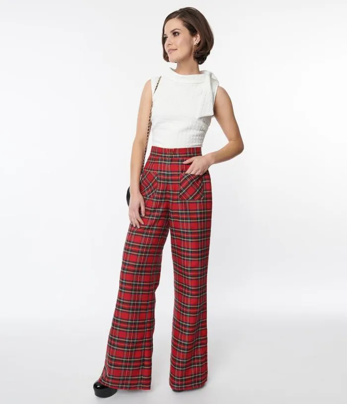 Smak Parlour Red Plaid Wide Leg Trousers ClothingPlus Unique Vintage Pants