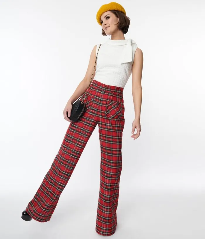 Smak Parlour Red Plaid Wide Leg Trousers ClothingPlus Unique Vintage Pants