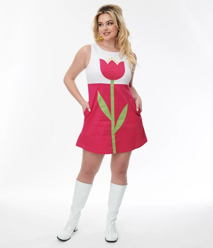 Smak Parlour Retro Style White and Pink Tulip Flower Power Shift Dress Dresses Unique Vintage Pocket Dresses Smak Parlour Retro Style White and Pink Tulip Flower Power Shift Dress Dresses Unique Vintage Pocket Dresses