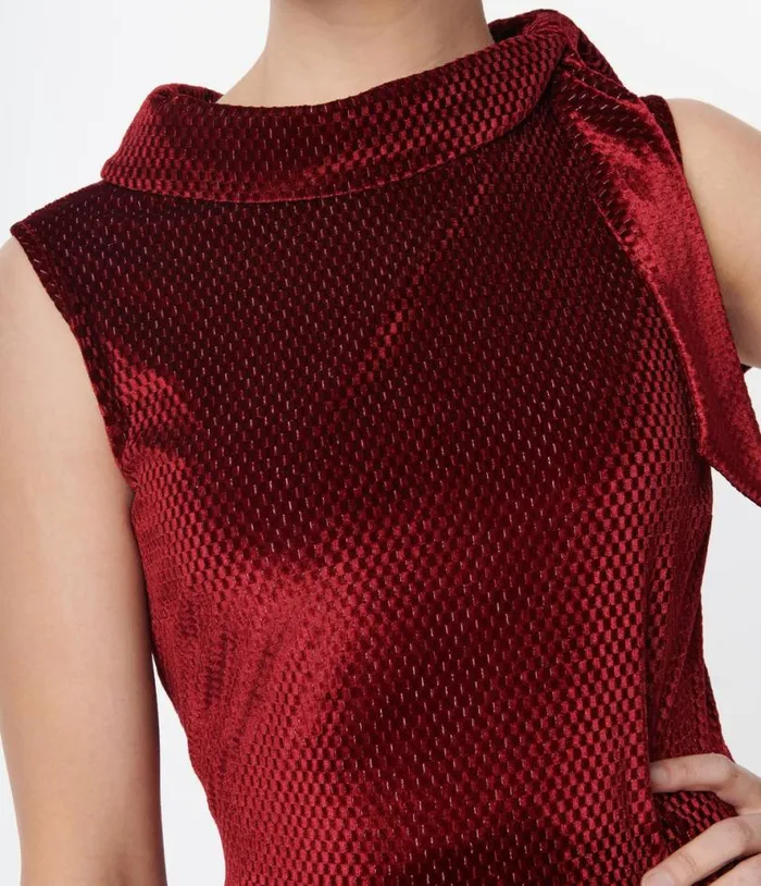 Smak Parlour Ruby Red Mock Neck Fit and Flare Dress DressesPlus Unique Vintage Pocket Dresses