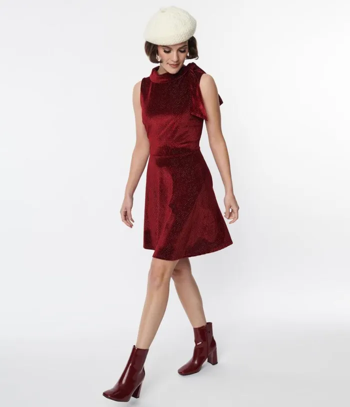Smak Parlour Ruby Red Mock Neck Fit and Flare Dress DressesPlus Unique Vintage Pocket Dresses