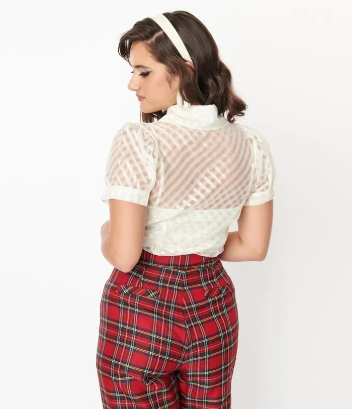 Smak Parlour Sheer Metallic Ivory Gingham Puff Sleeve Blouse Clothing Unique Vintage Blouses