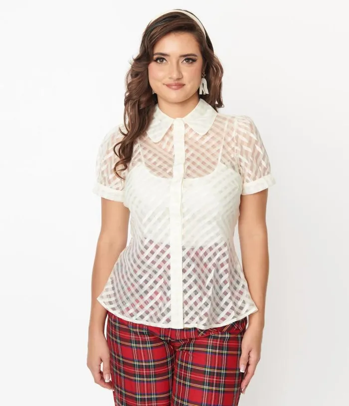 Smak Parlour Sheer Metallic Ivory Gingham Puff Sleeve Blouse Clothing Unique Vintage Blouses