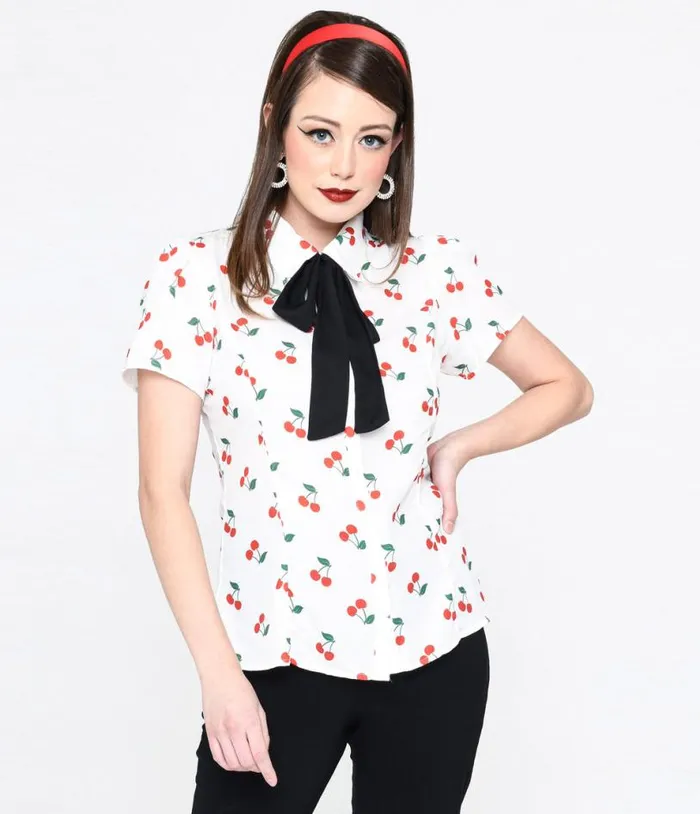 Smak Parlour White and Cherries Power Play Blouse Clothing Unique Vintage Blouses