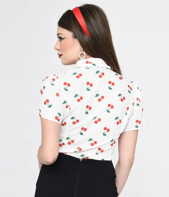 Smak Parlour White and Cherries Power Play Blouse Clothing Unique Vintage Blouses